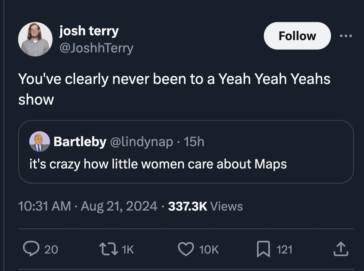 screenshot - josh terry You've clearly never been to a Yeah Yeah Yeahs show Bartleby 15h it's crazy how little women care about Maps Views 10K 121 1